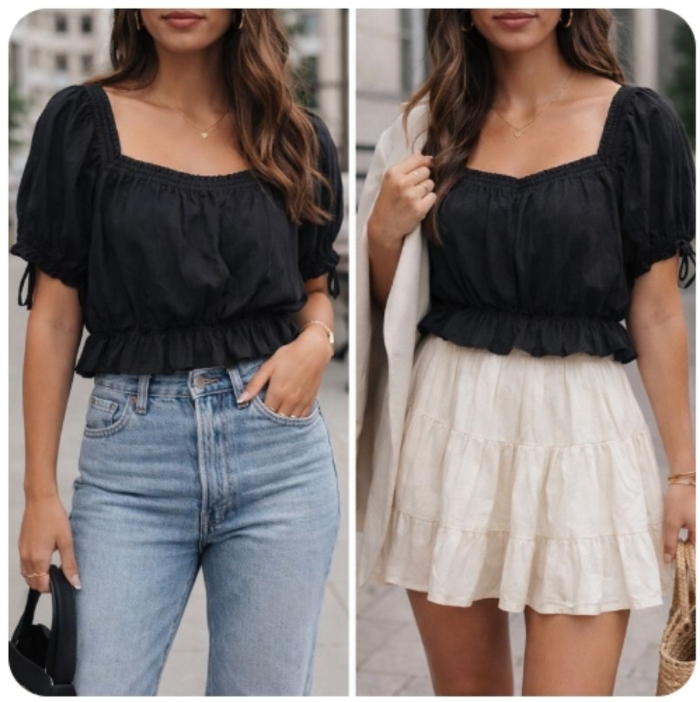 NWT UNIQLO : C Gathered Cropped Blouse Black Size Large Cottagecore Coquette